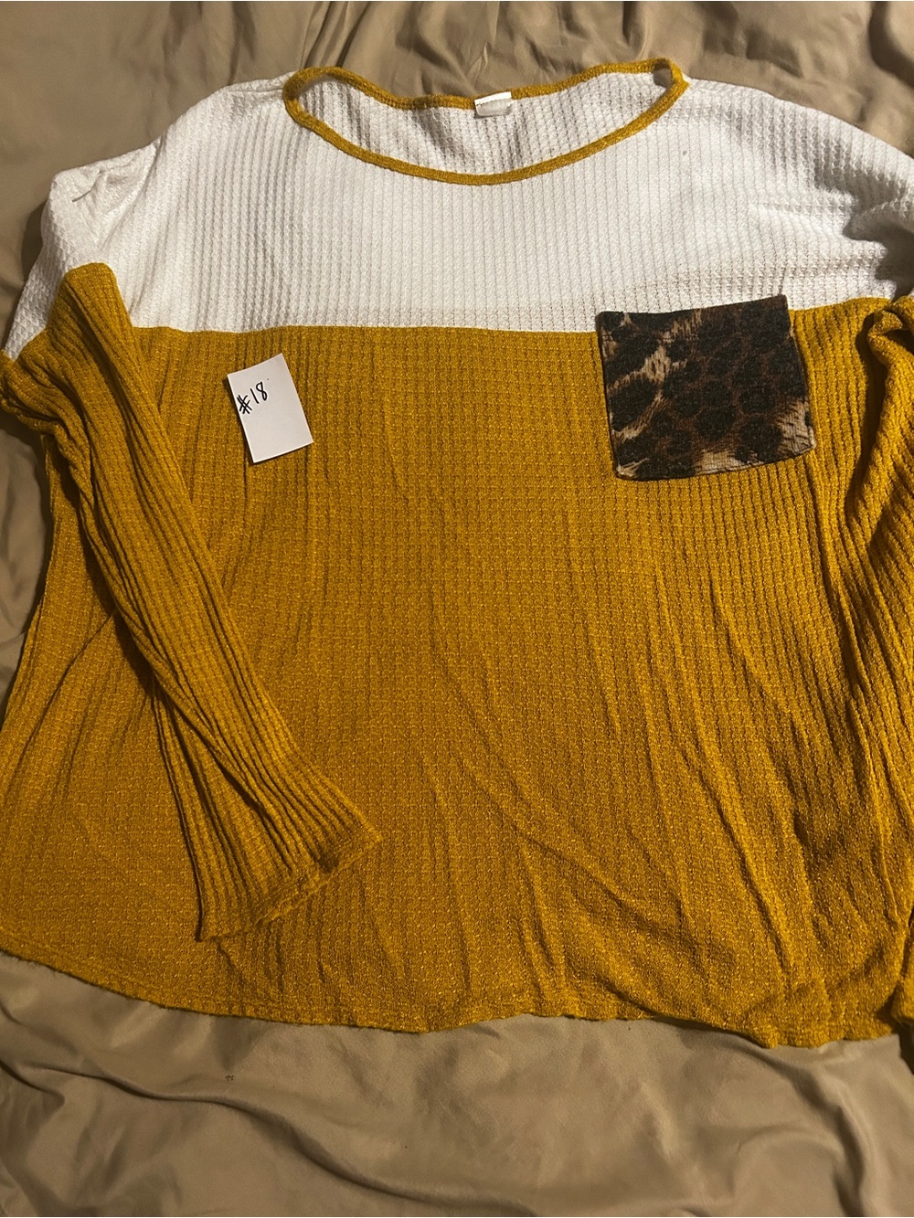 Source Unknown White and Mustard Colorblock Waffle Knit Top with Leopard Pocket